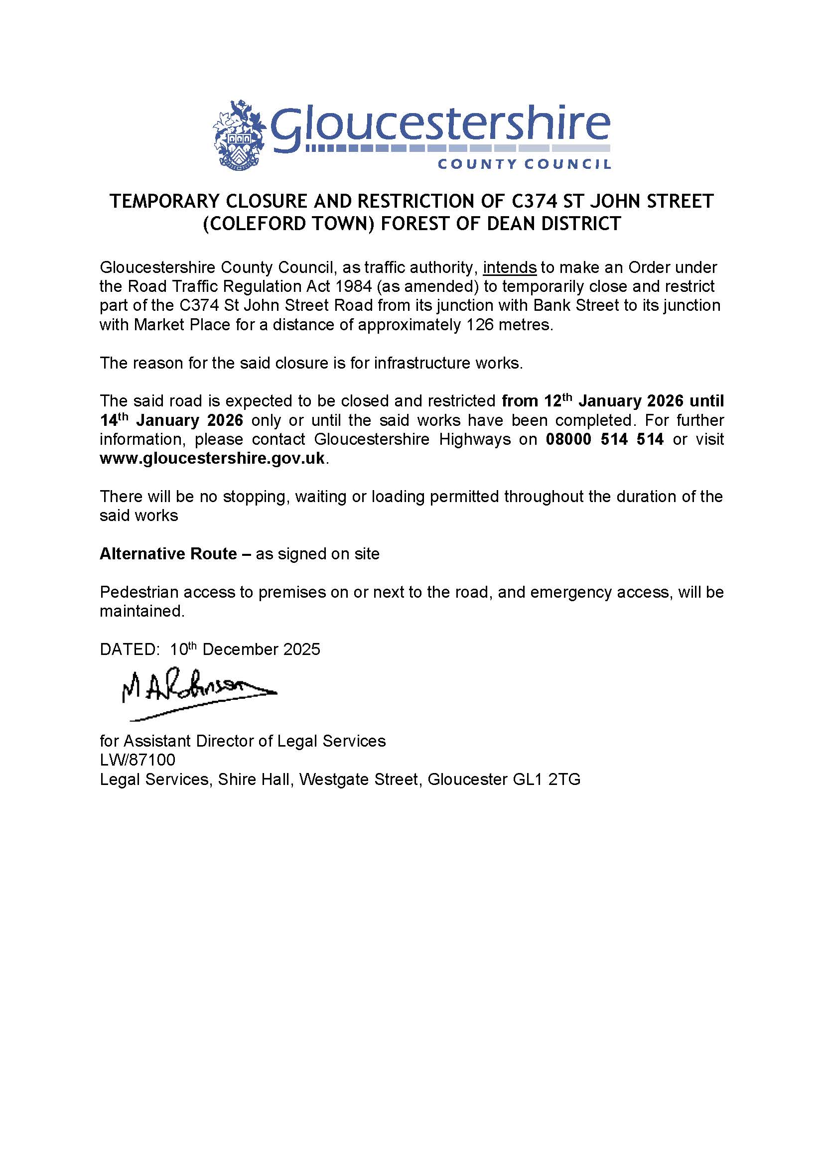 Temporarily Closure of St Johns Street, Coleford for infrastructure works.. 12th - 14th January. 